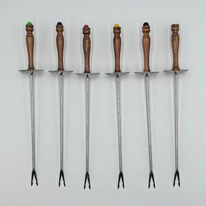 MCM Edelstahl Rostfrei Fondue Forks 6 Ea Germany Stainless Steel 2Prong Wood 11"
